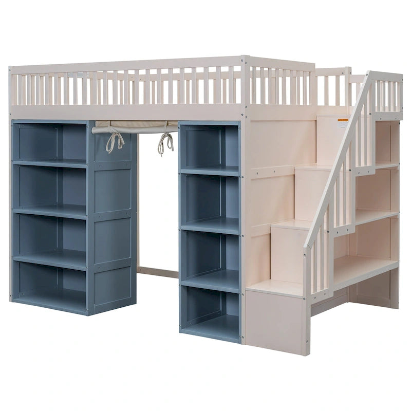 White Full Size Solid Wood Loft Bed with Storage Cabinets and Curtain