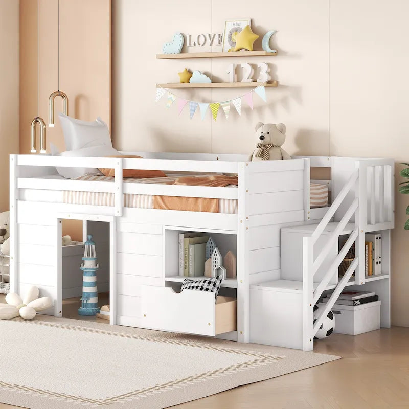 White Twin Size Solid Wood Low Loft Bed with Stairs