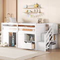 White Twin Size Solid Wood Low Loft Bed with Stairs