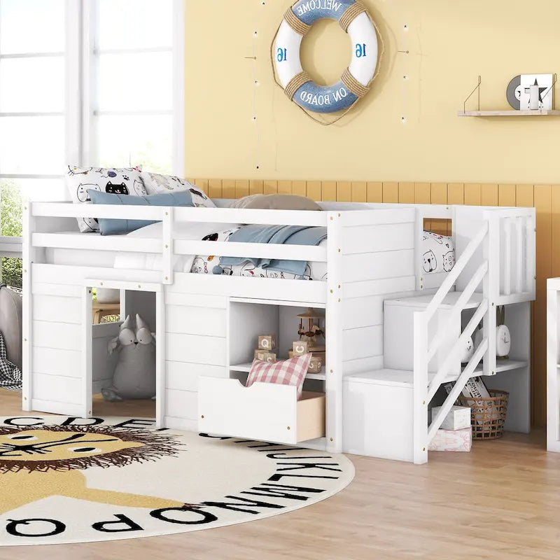 White Twin Size Solid Wood Low Loft Bed with Stairs