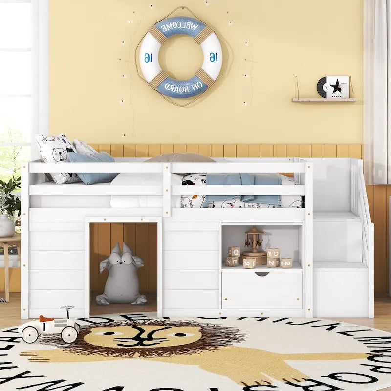 White Twin Size Solid Wood Low Loft Bed with Stairs