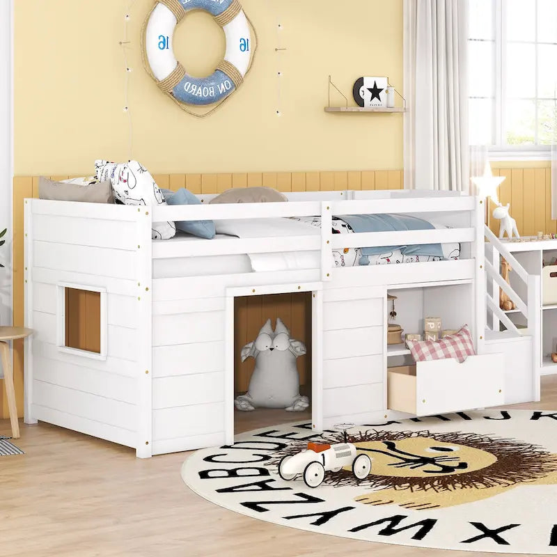 White Twin Size Solid Wood Low Loft Bed with Stairs