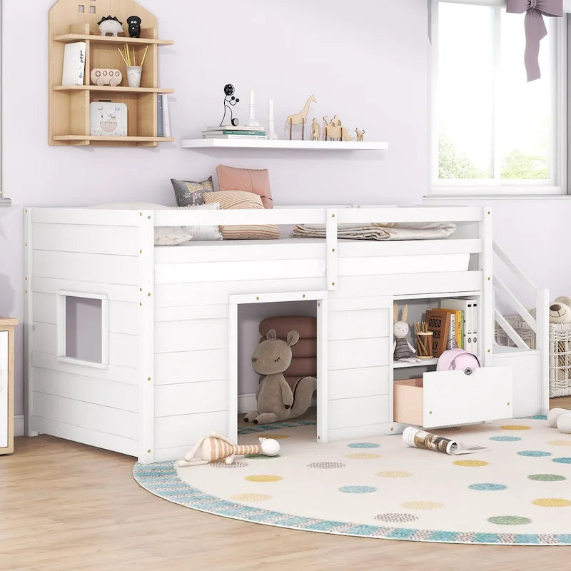 White Twin Size Solid Wood Low Loft Bed with Stairs