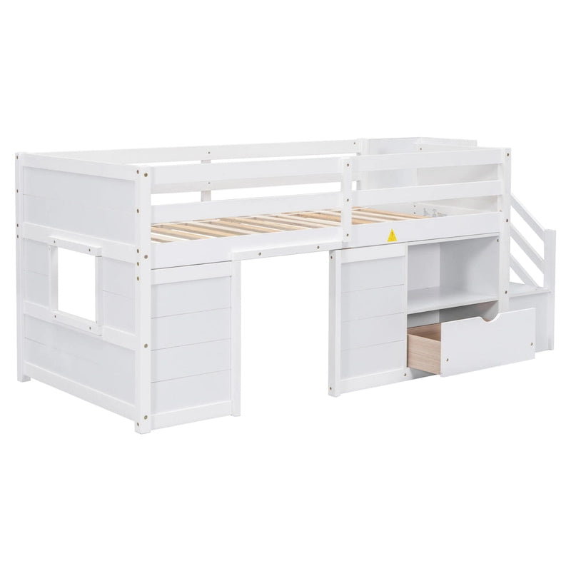 White Twin Size Solid Wood Low Loft Bed with Stairs