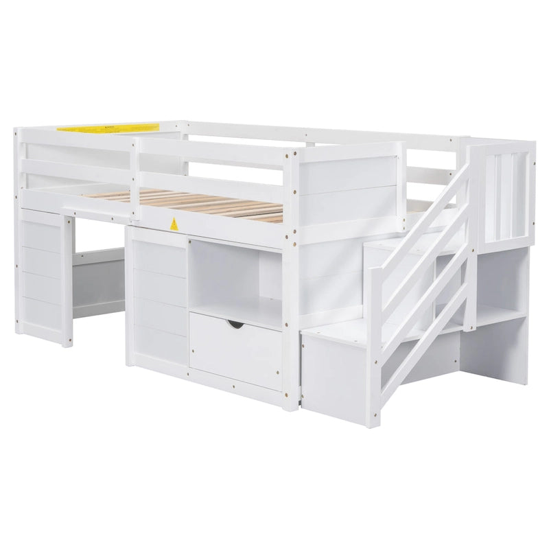 White Twin Size Solid Wood Low Loft Bed with Stairs