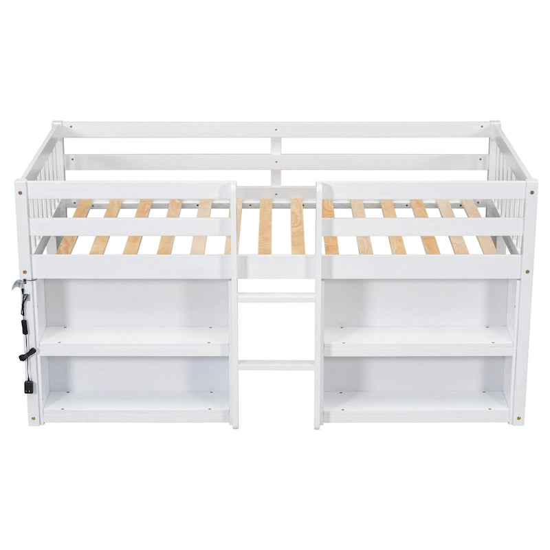 White Twin Size Wood Low Loft Bed with Two-Tier Shelves and LED