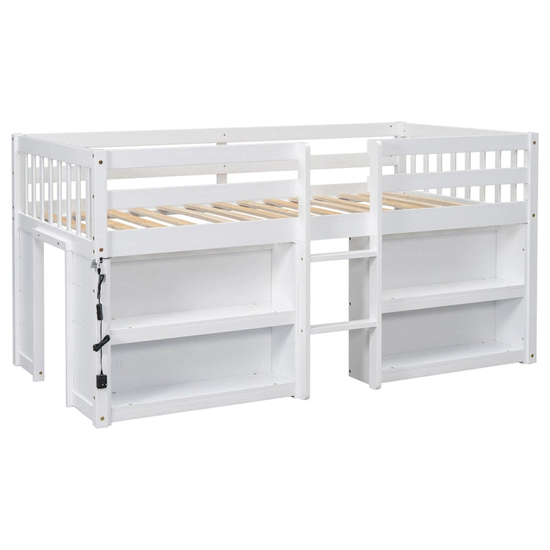 White Twin Size Wood Low Loft Bed with Two-Tier Shelves and LED