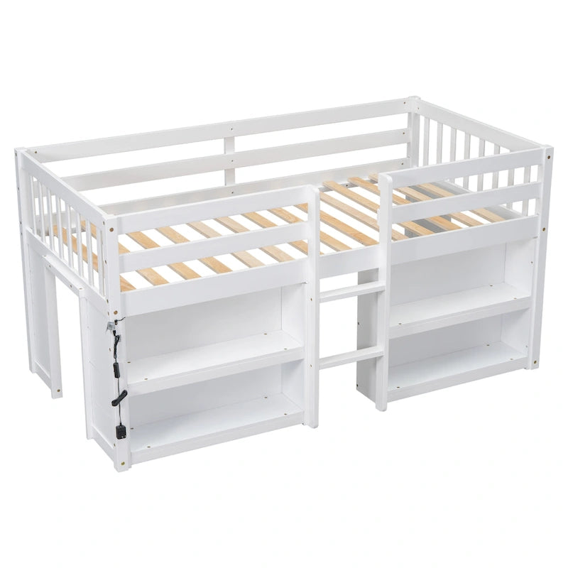 White Twin Size Wood Low Loft Bed with Two-Tier Shelves and LED