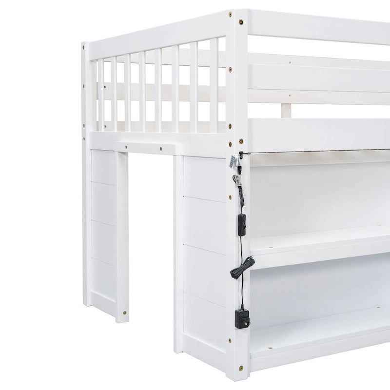 White Twin Size Wood Low Loft Bed with Two-Tier Shelves and LED
