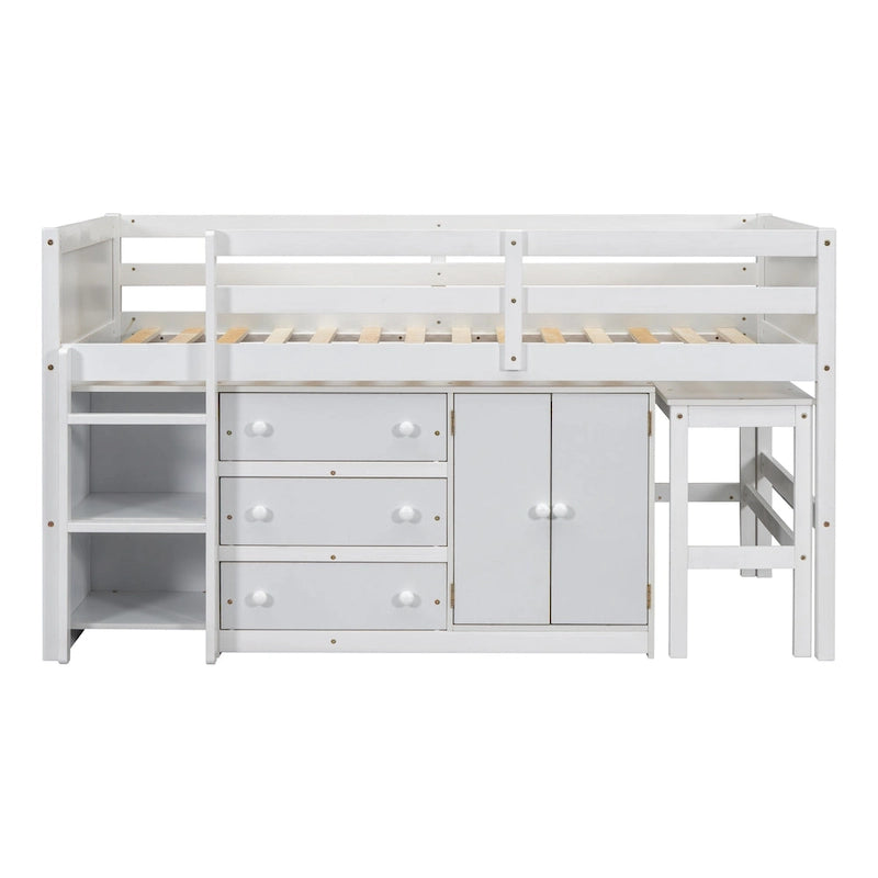 White Twin Size Wood Low Loft Bed with Pull-Out Desk