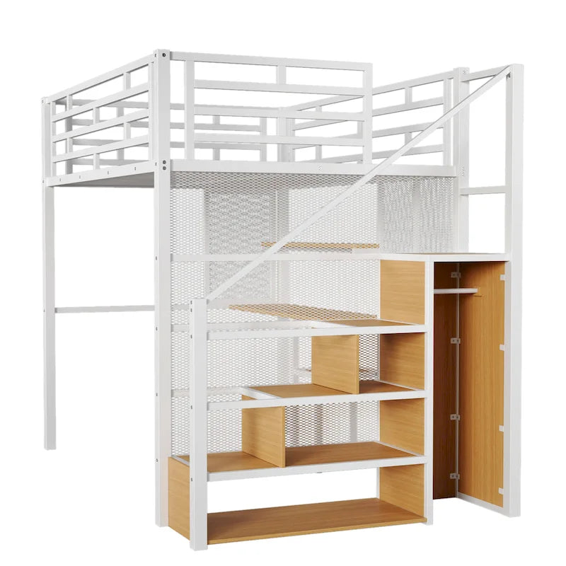 White Full Size Metal Loft Bed with Wardrobe, Desk and Storage Shelves for Bedroom