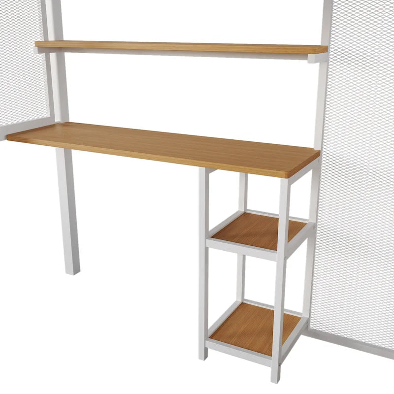 White Full Size Metal Loft Bed with Wardrobe, Desk and Storage Shelves for Bedroom