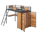 Black Twin Size Metal Wood Loft bed with L-shape Desk, Wardrobe, Fence and Ladder