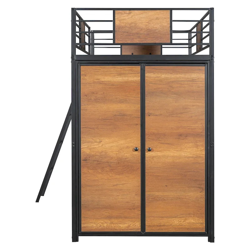 Black Twin Size Metal Wood Loft bed with L-shape Desk, Wardrobe, Fence and Ladder
