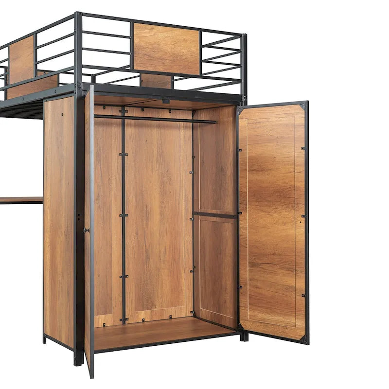 Black Twin Size Metal Wood Loft bed with L-shape Desk, Wardrobe, Fence and Ladder