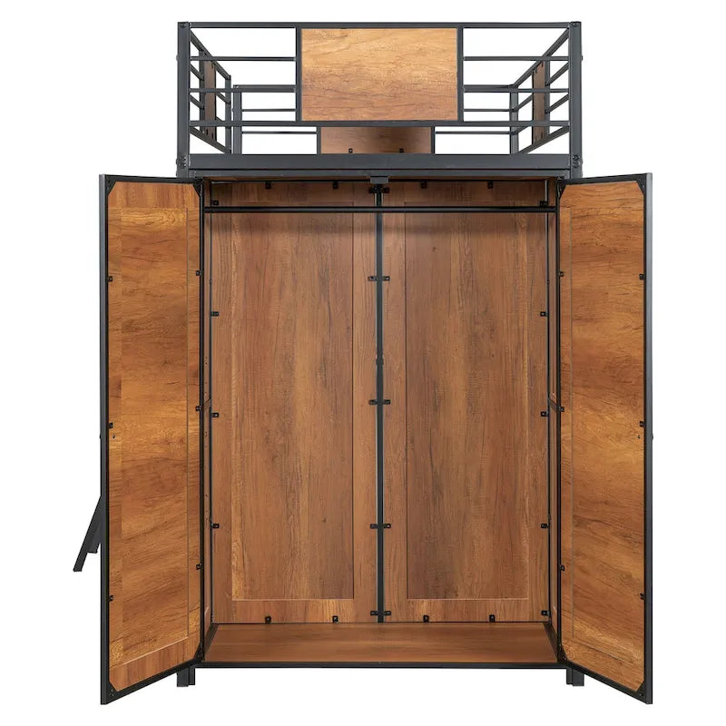 Black Twin Size Metal Wood Loft bed with L-shape Desk, Wardrobe, Fence and Ladder