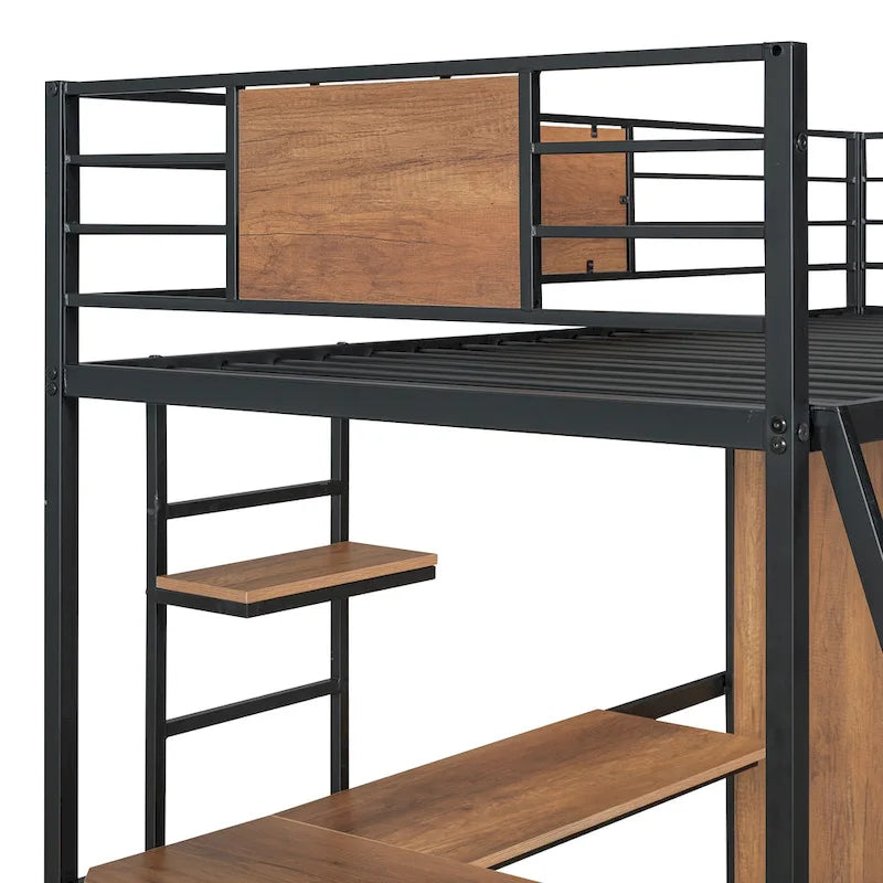 Black Twin Size Metal Wood Loft bed with L-shape Desk, Wardrobe, Fence and Ladder