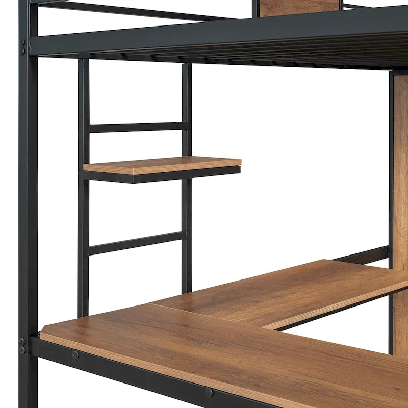 Black Twin Size Metal Wood Loft bed with L-shape Desk, Wardrobe, Fence and Ladder