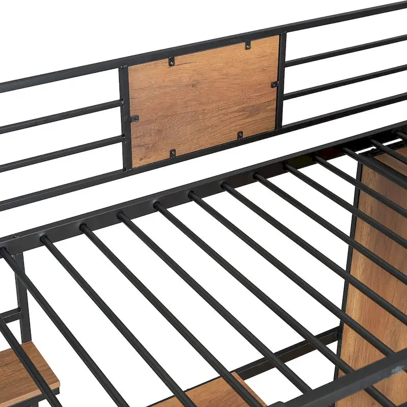 Black Twin Size Metal Wood Loft bed with L-shape Desk, Wardrobe, Fence and Ladder