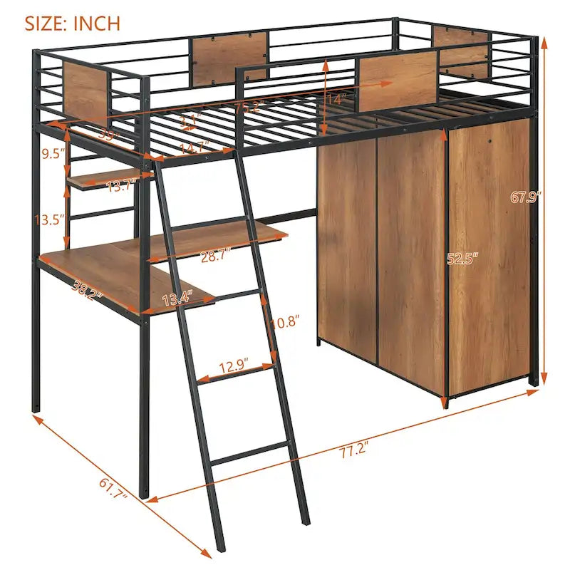 Black Twin Size Metal Wood Loft bed with L-shape Desk, Wardrobe, Fence and Ladder