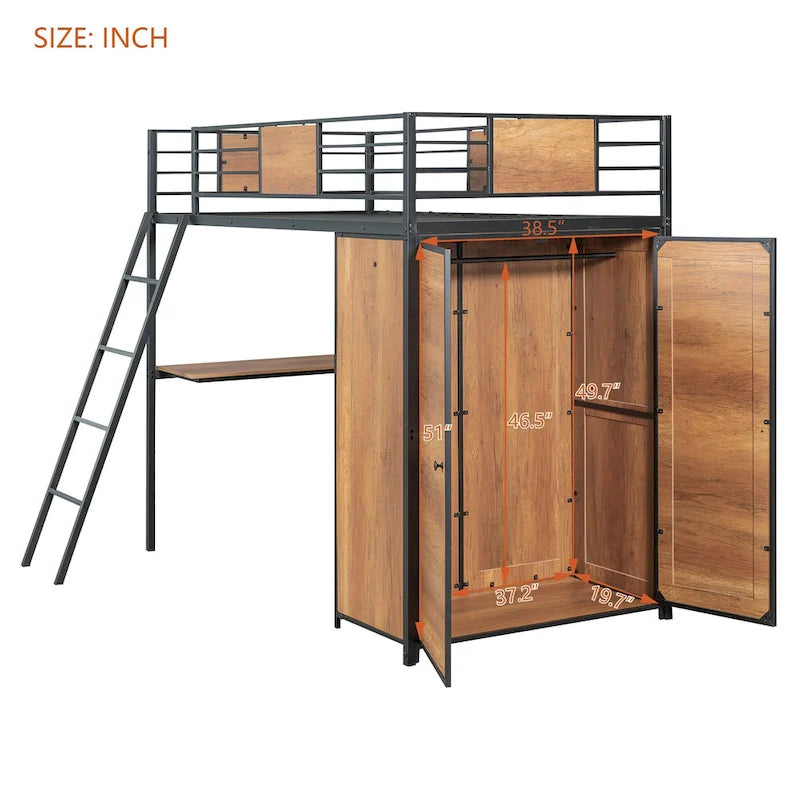 Black Twin Size Metal Wood Loft bed with L-shape Desk, Wardrobe, Fence and Ladder