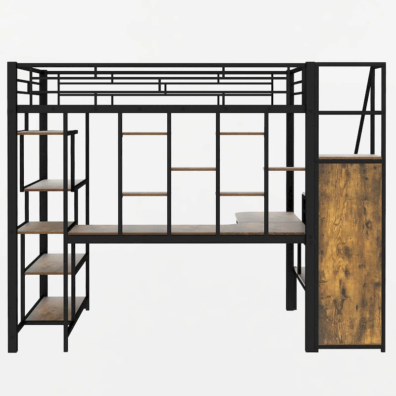 Black Full Size Metal Loft Bed with Storage Staircase and Small Wardrobe