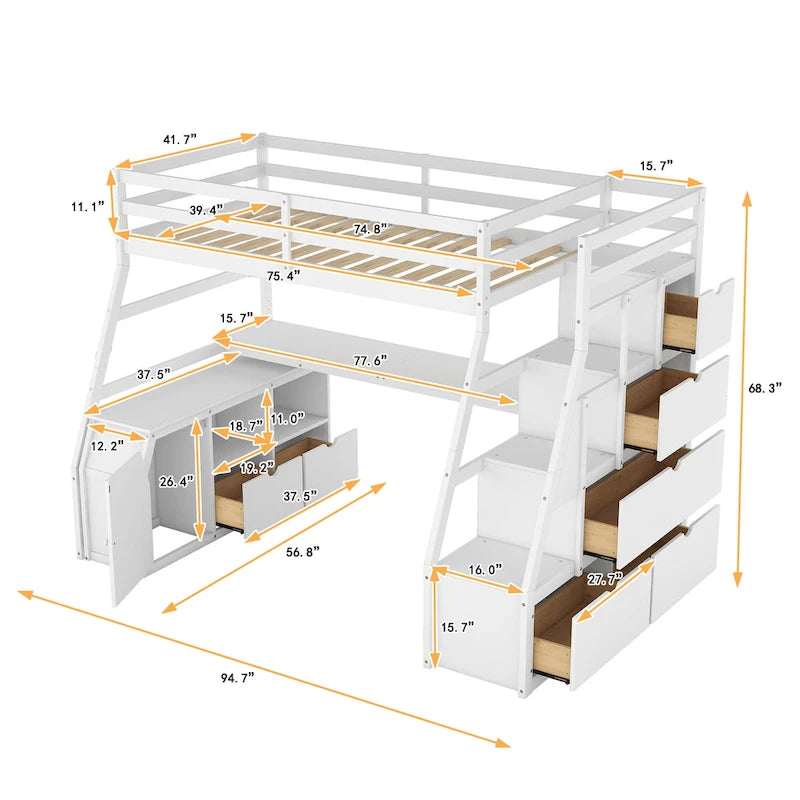 White Twin Size Wood Loft Bed with Drawers, Shelves & Desk