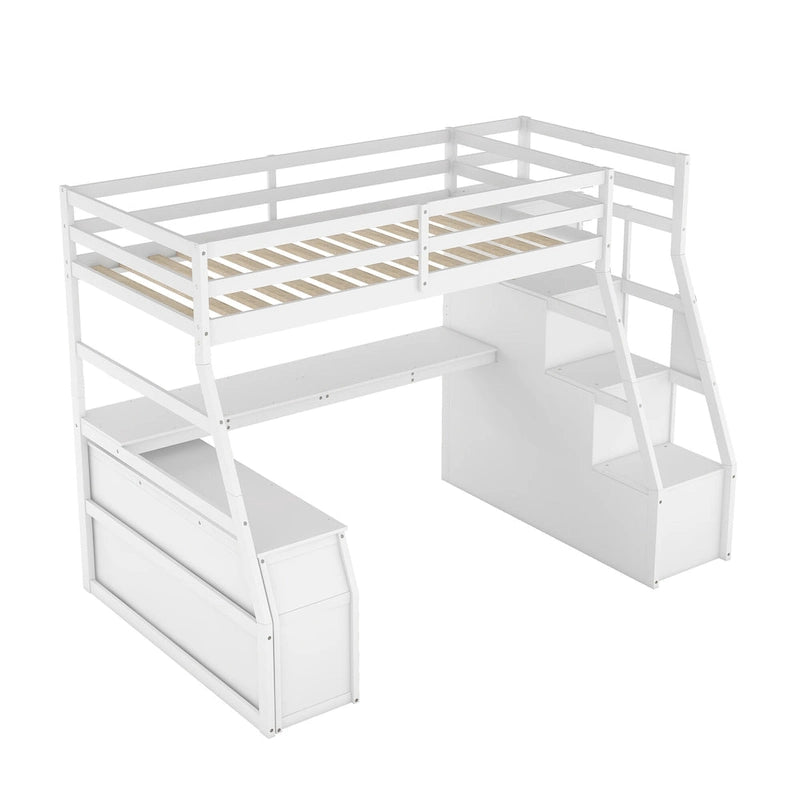 White Twin Size Wood Loft Bed with Drawers, Shelves & Desk