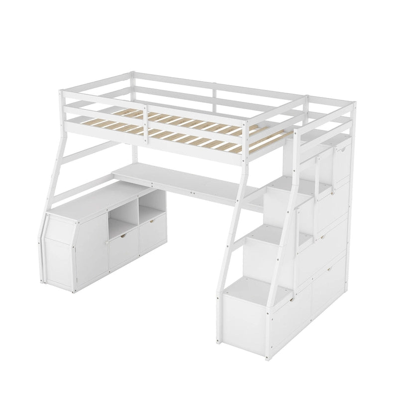 White Twin Size Wood Loft Bed with Drawers, Shelves & Desk