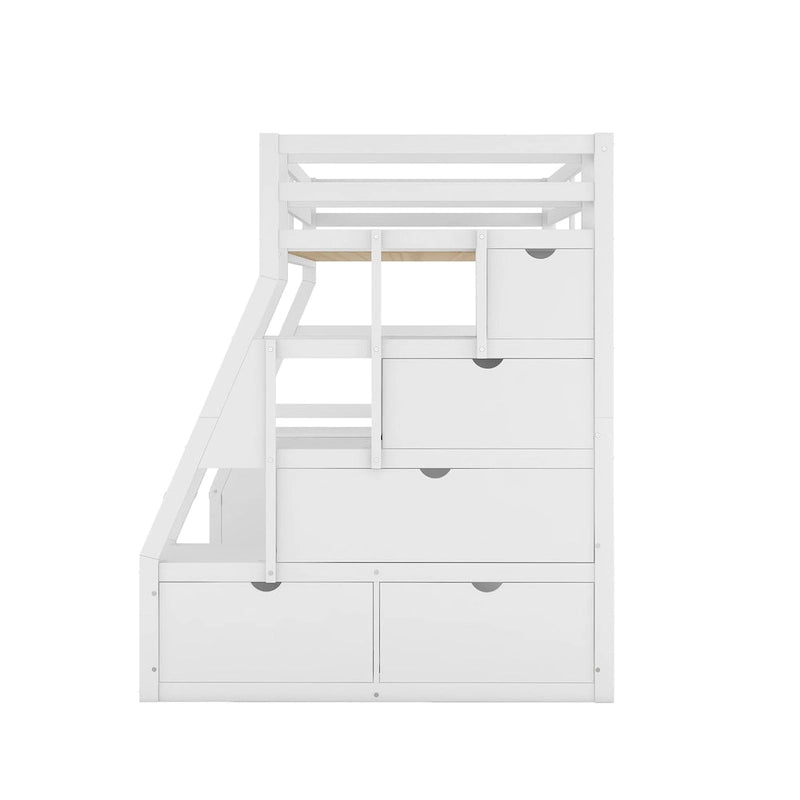 White Twin Size Wood Loft Bed with Drawers, Shelves & Desk