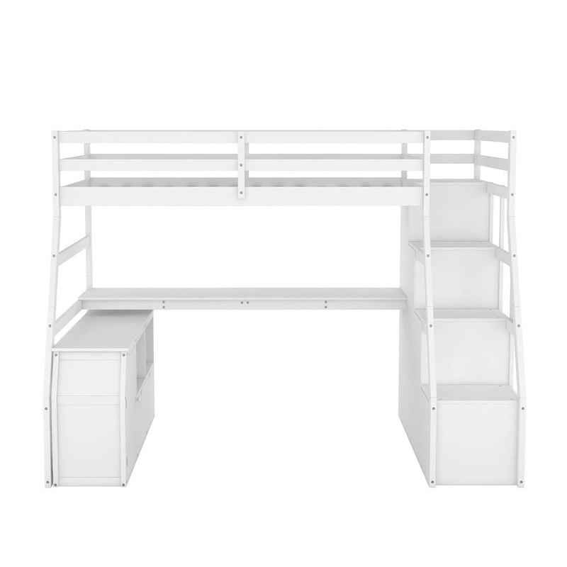 White Twin Size Wood Loft Bed with Drawers, Shelves & Desk