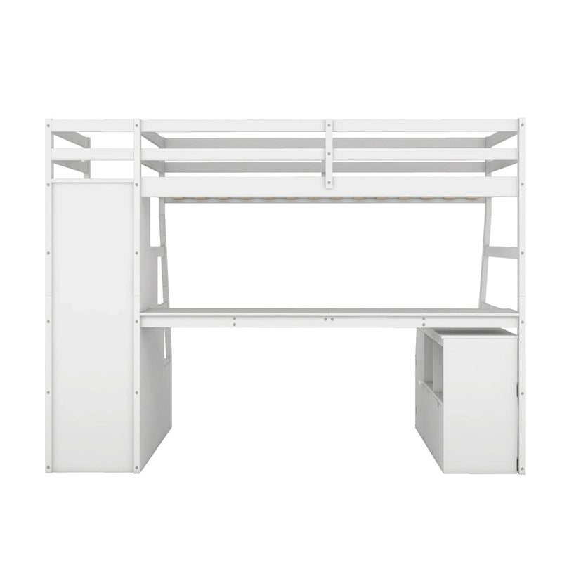 White Twin Size Wood Loft Bed with Drawers, Shelves & Desk
