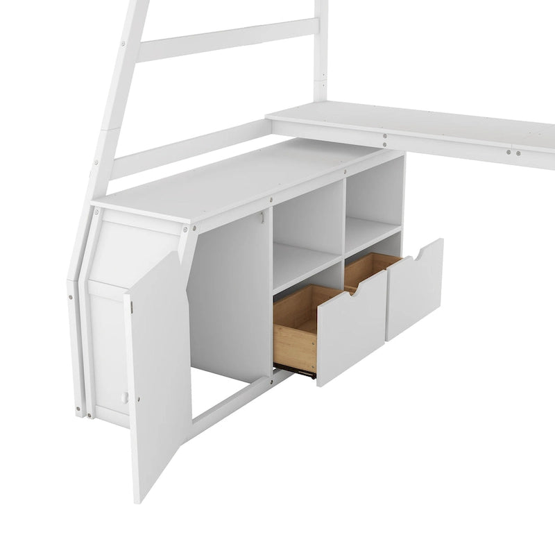 White Twin Size Wood Loft Bed with Drawers, Shelves & Desk
