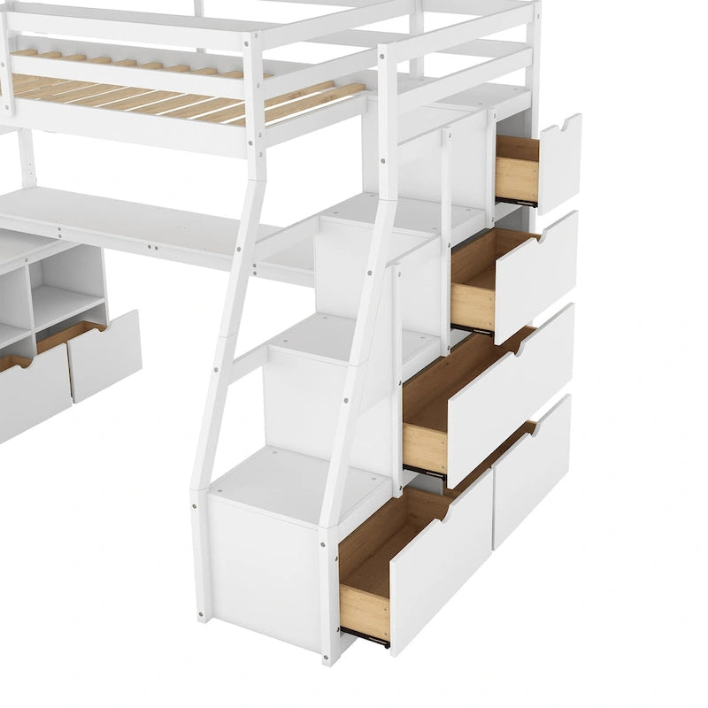 White Twin Size Wood Loft Bed with Drawers, Shelves & Desk