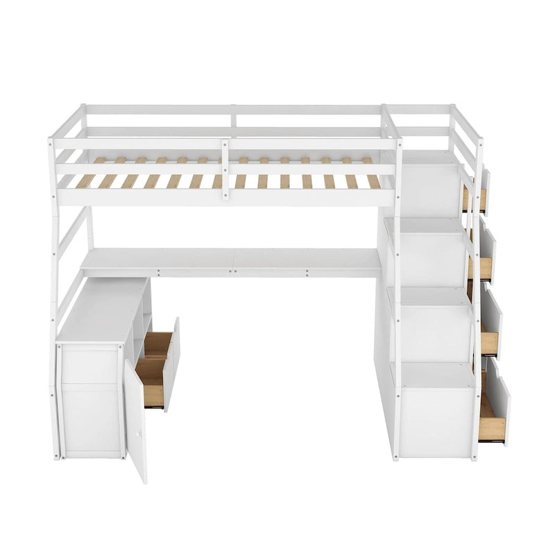 White Twin Size Wood Loft Bed with Drawers, Shelves & Desk