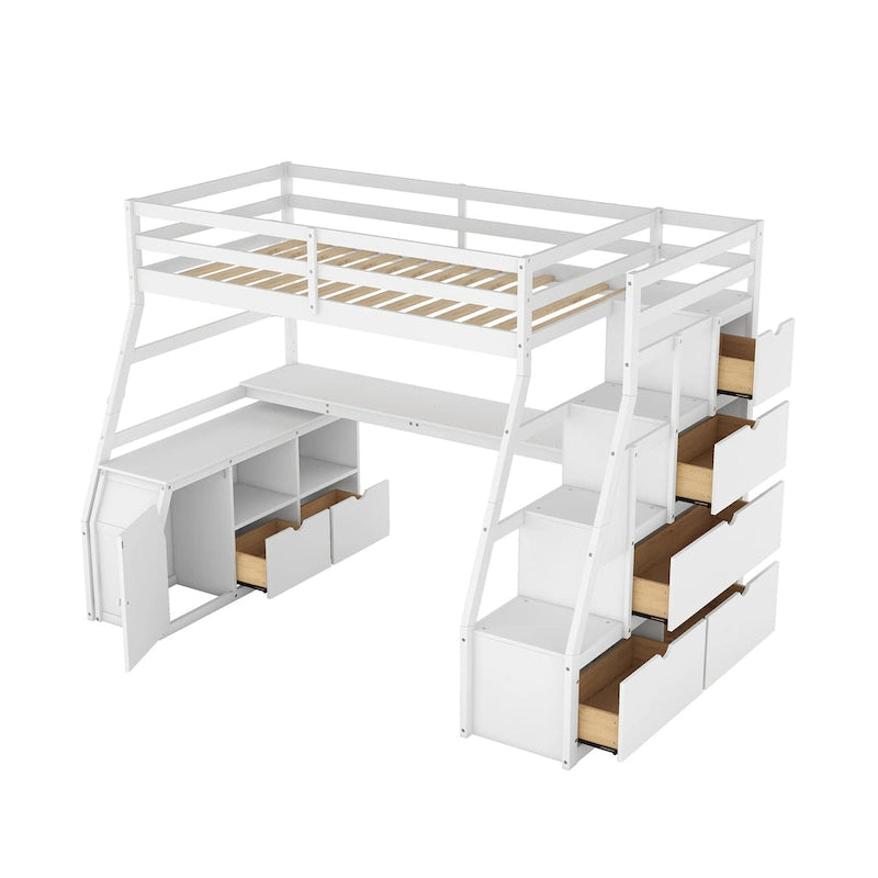 White Twin Size Wood Loft Bed with Drawers, Shelves & Desk