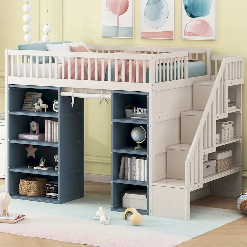 White Full Size Solid Wood Loft Bed with 2 Storage Cabinets and Curtain