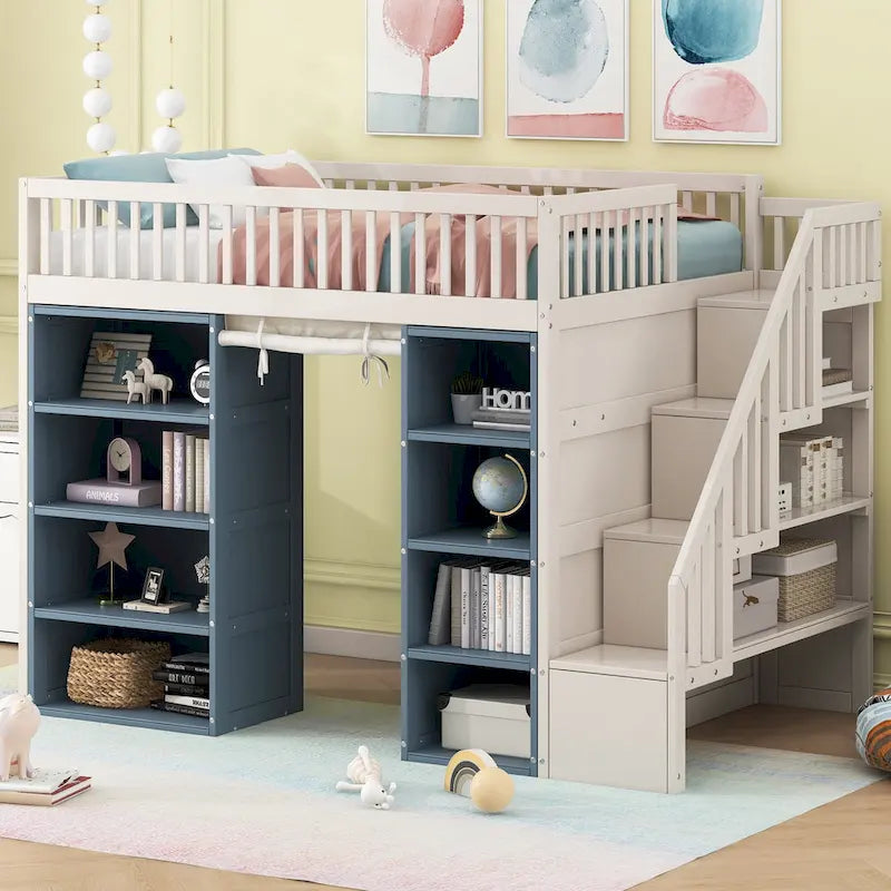 White Full Size Solid Wood Loft Bed with 2 Storage Cabinets and Curtain