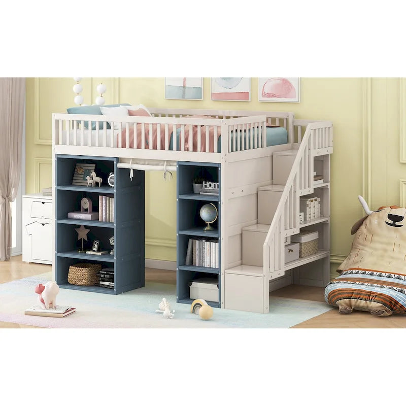 White Full Size Solid Wood Loft Bed with 2 Storage Cabinets and Curtain