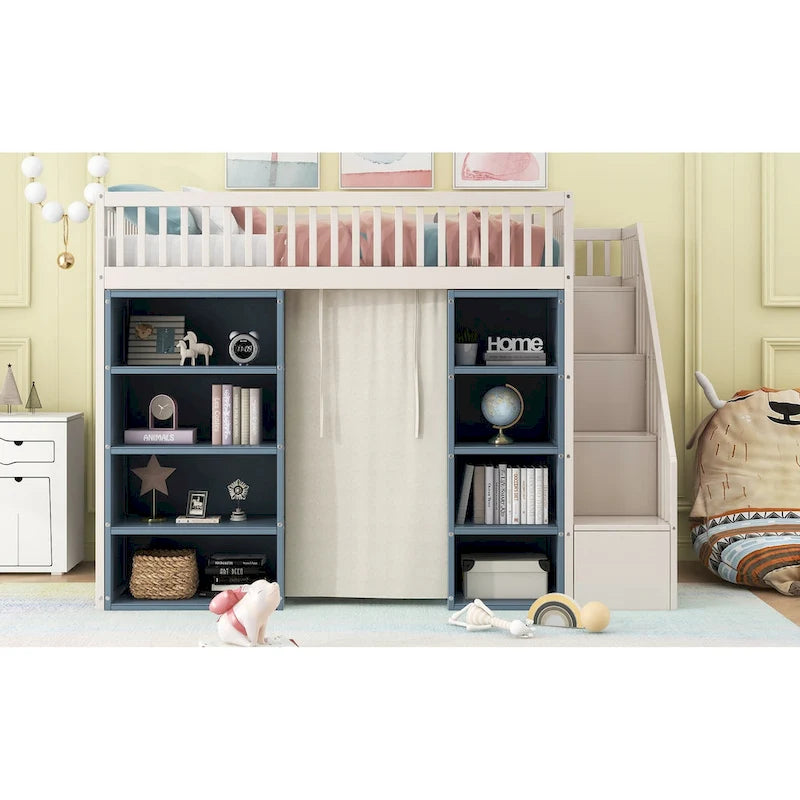 White Full Size Solid Wood Loft Bed with 2 Storage Cabinets and Curtain