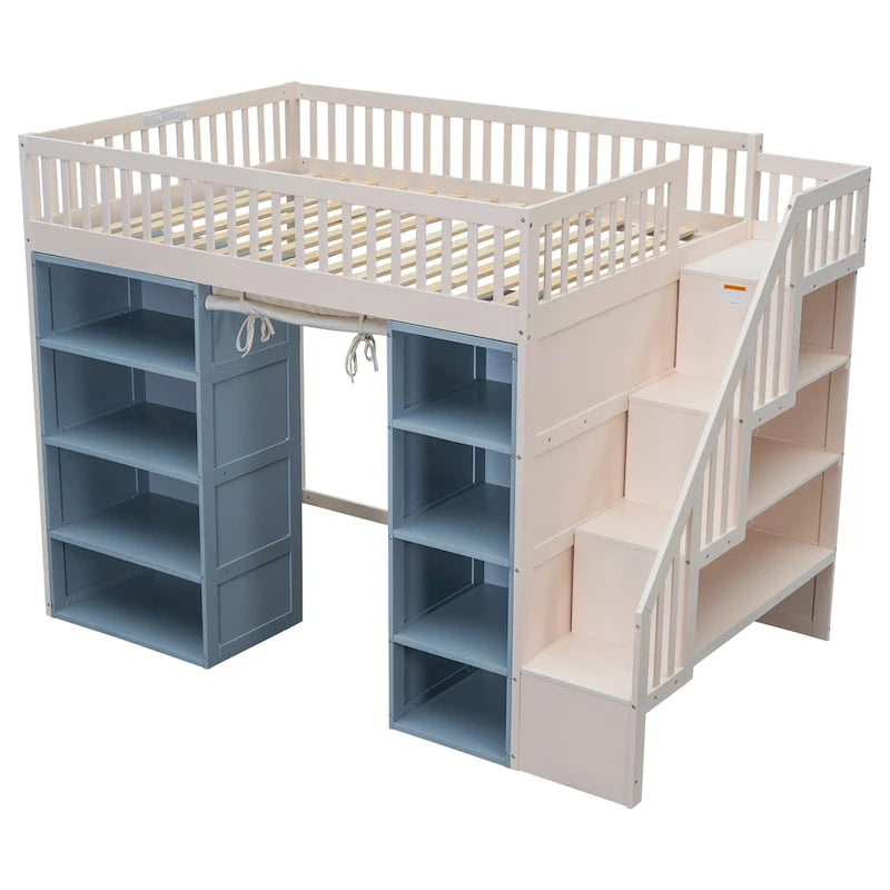 White Full Size Solid Wood Loft Bed with 2 Storage Cabinets and Curtain