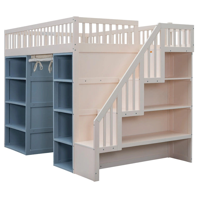 White Full Size Solid Wood Loft Bed with 2 Storage Cabinets and Curtain