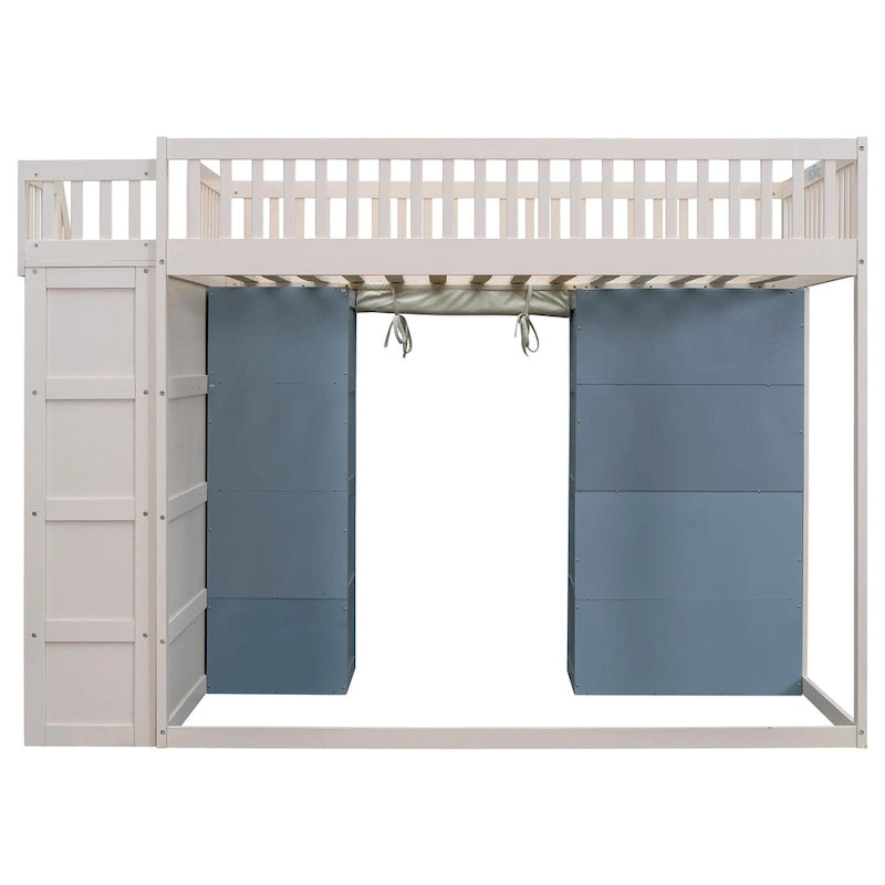 White Full Size Solid Wood Loft Bed with 2 Storage Cabinets and Curtain