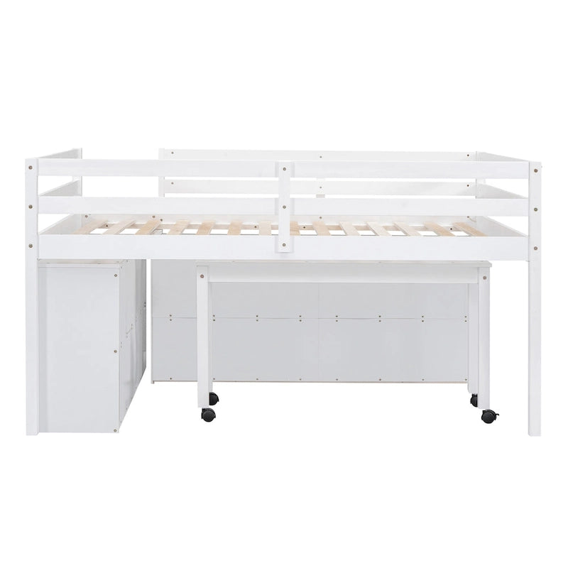 White Full Size Solid Wood Loft Bed with Retractable Desk and Drawers