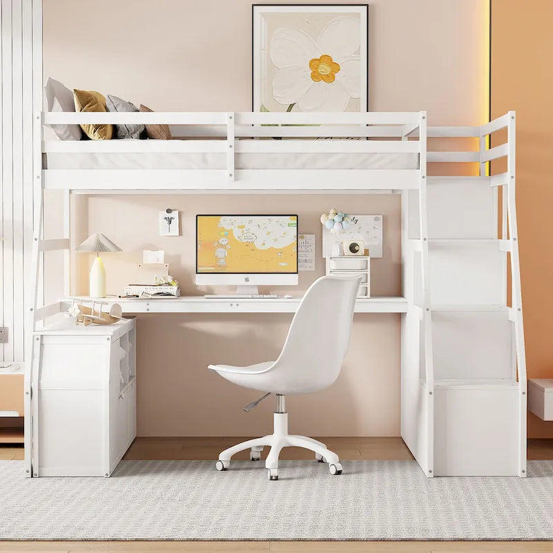 White Full Size Wood Loft Bed with Drawers, Shelves & Desk
