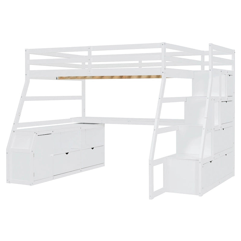 White Full Size Wood Loft Bed with Drawers, Shelves & Desk