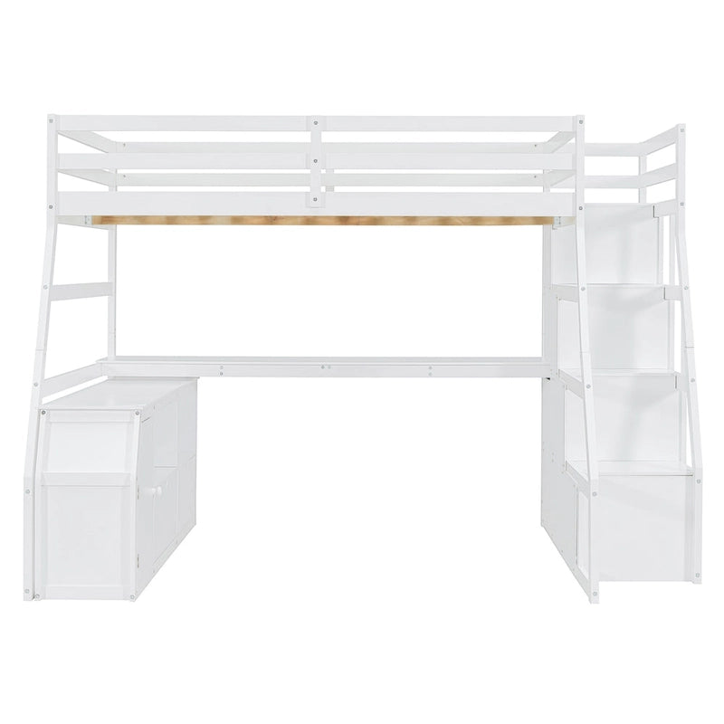 White Full Size Wood Loft Bed with Drawers, Shelves & Desk