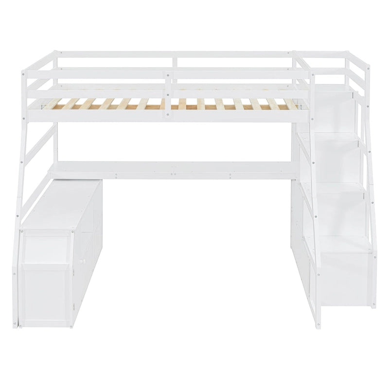 White Full Size Wood Loft Bed with Drawers, Shelves & Desk