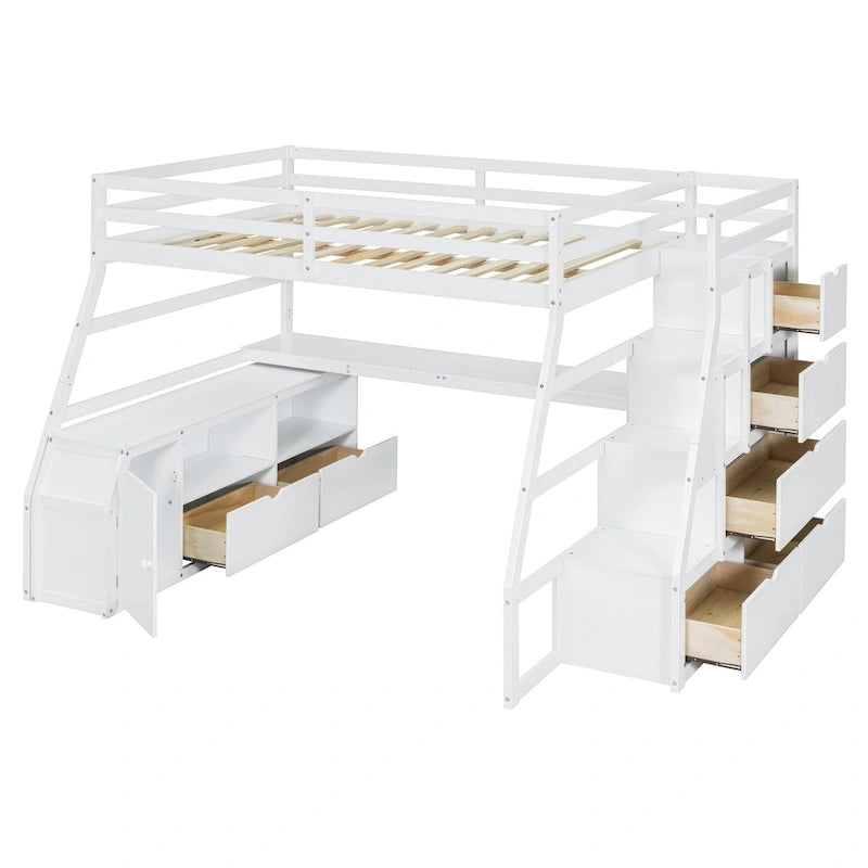 White Full Size Wood Loft Bed with Drawers, Shelves & Desk