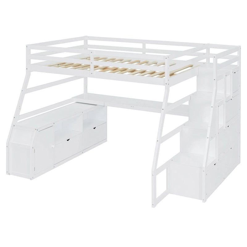 White Full Size Wood Loft Bed with Drawers, Shelves & Desk